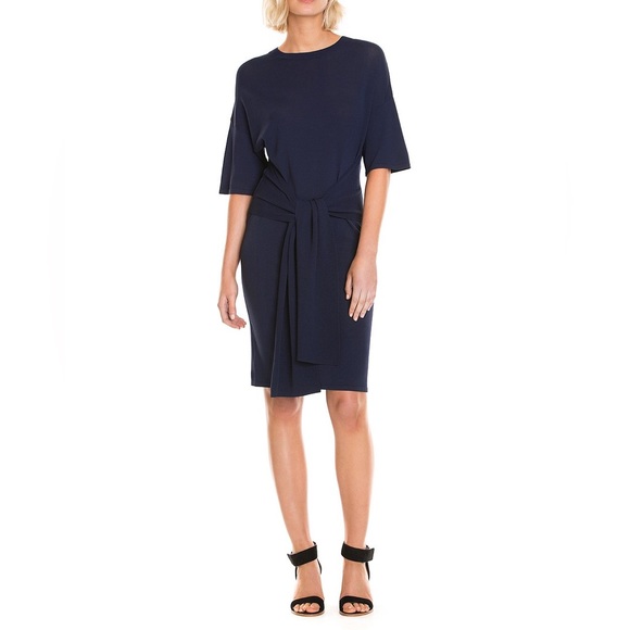 COUNTRY ROAD Navy Blue Stretch Belted Tie Front Summer Knit Casual Midi Dress - Picture 2 of 13